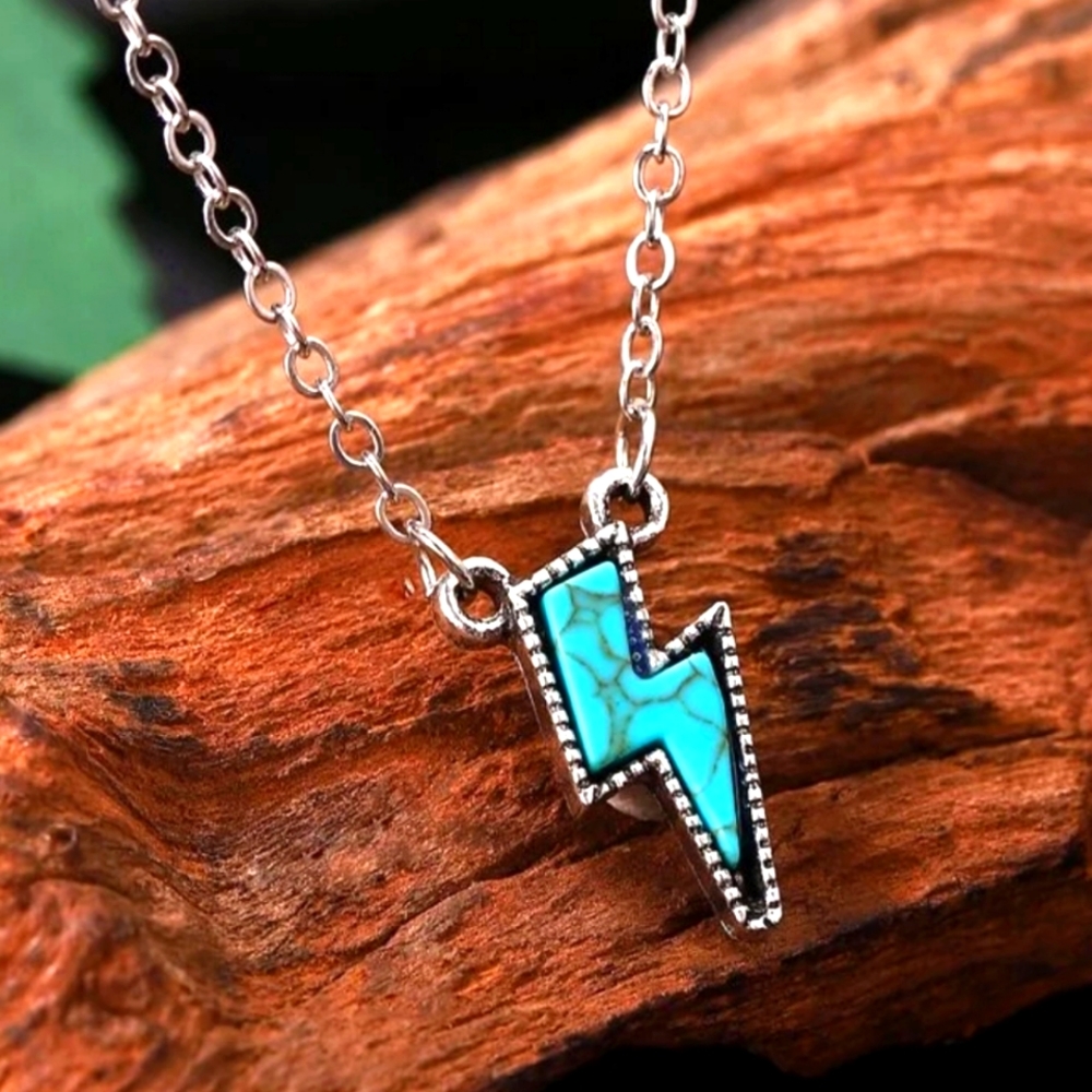 Turquoise Lightning Bolt Pendant Necklace Silver Tone Boho Southwestern Jewelry